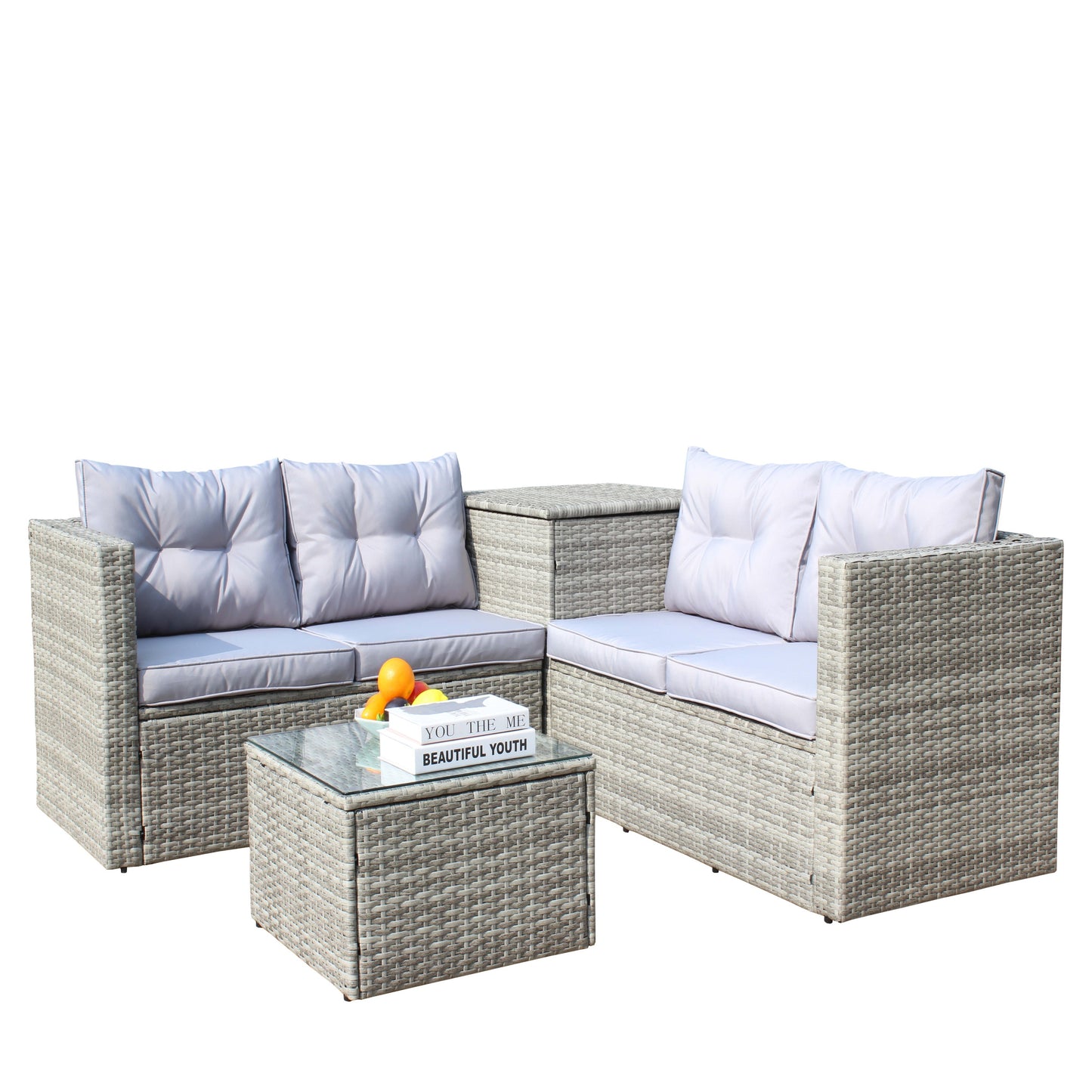 4 Piece Patio Sectional Wicker Rattan Outdoor Furniture Sofa Set with Storage Box Grey