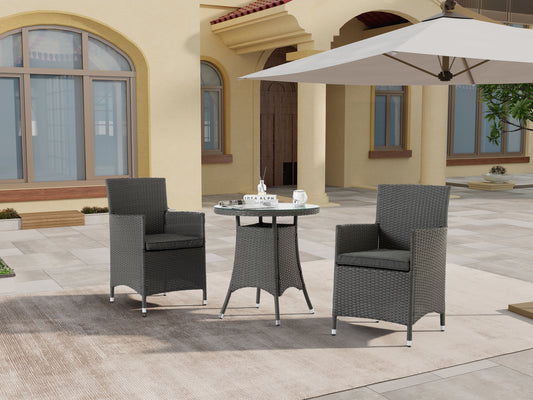 3 Piece Outdoor Dining Set All-Weather Wicker Patio Dining Table and Chairs with Cushions, Round Tempered Glass Tabletop for Patio Backyard Porch Garden Poolside