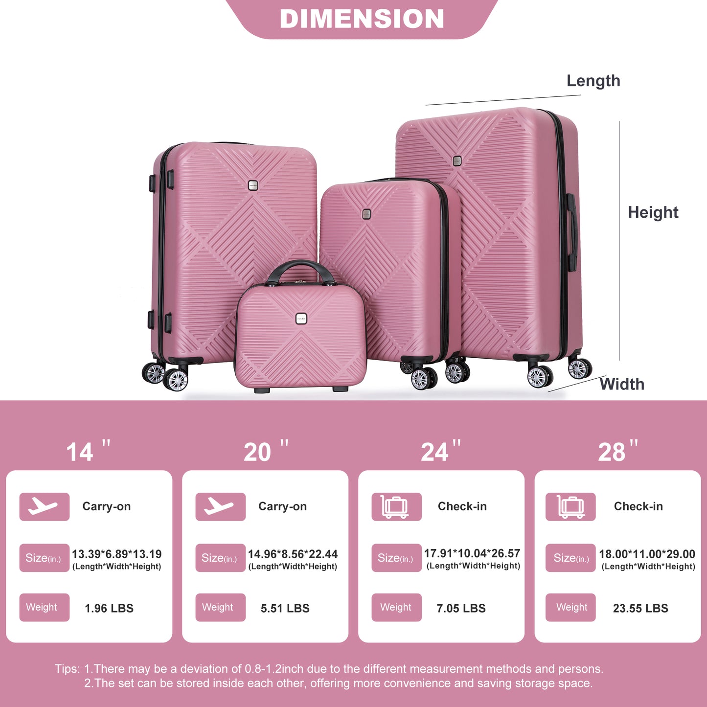 4-piece ABS lightweight suitcase, 14 inch makeup box, aircraft wheels (14/20/24/28) PINK