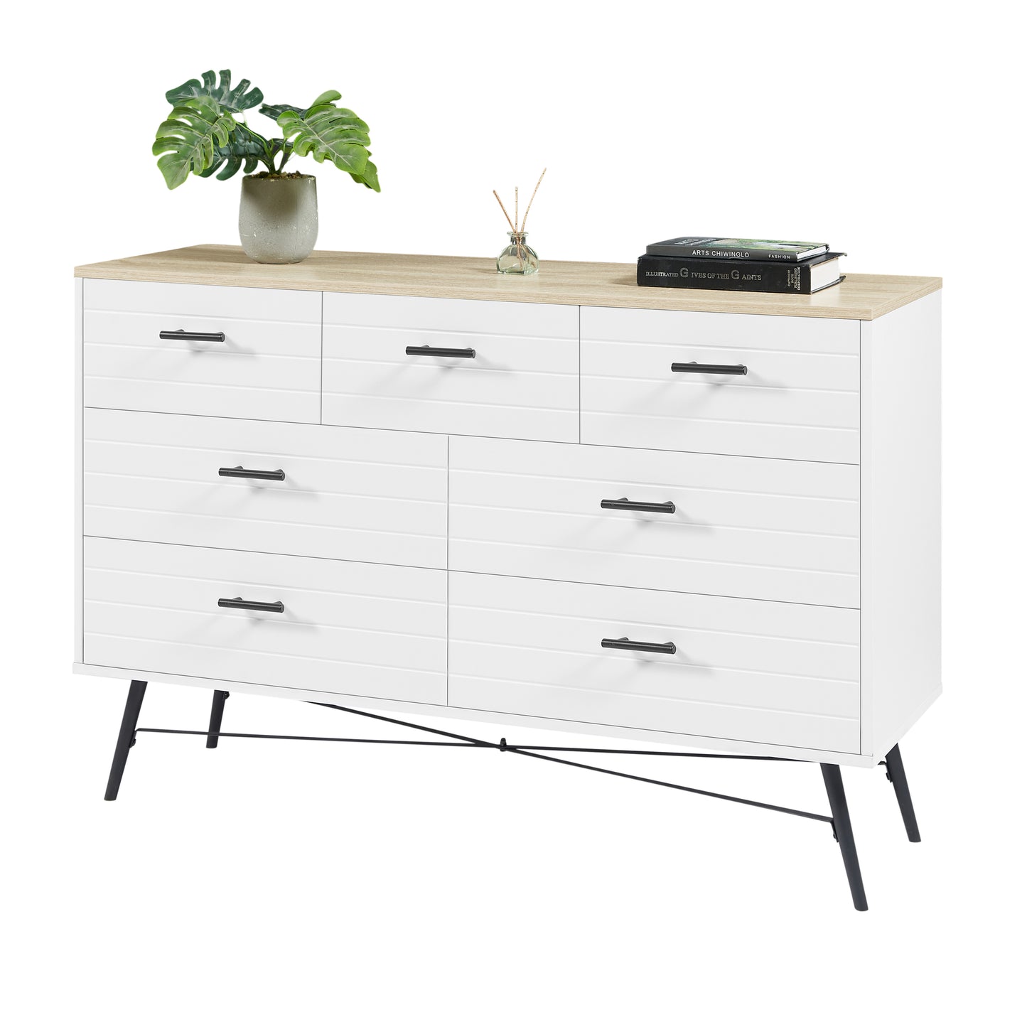 7 Drawer Dresser for Bedroom with Deep Drawers, Wood Dressers & Chest of Drawers, Modern White Long Dressers for Closet Living Room, 47.2"W x 15.7"D x 31.5"H, White & oak