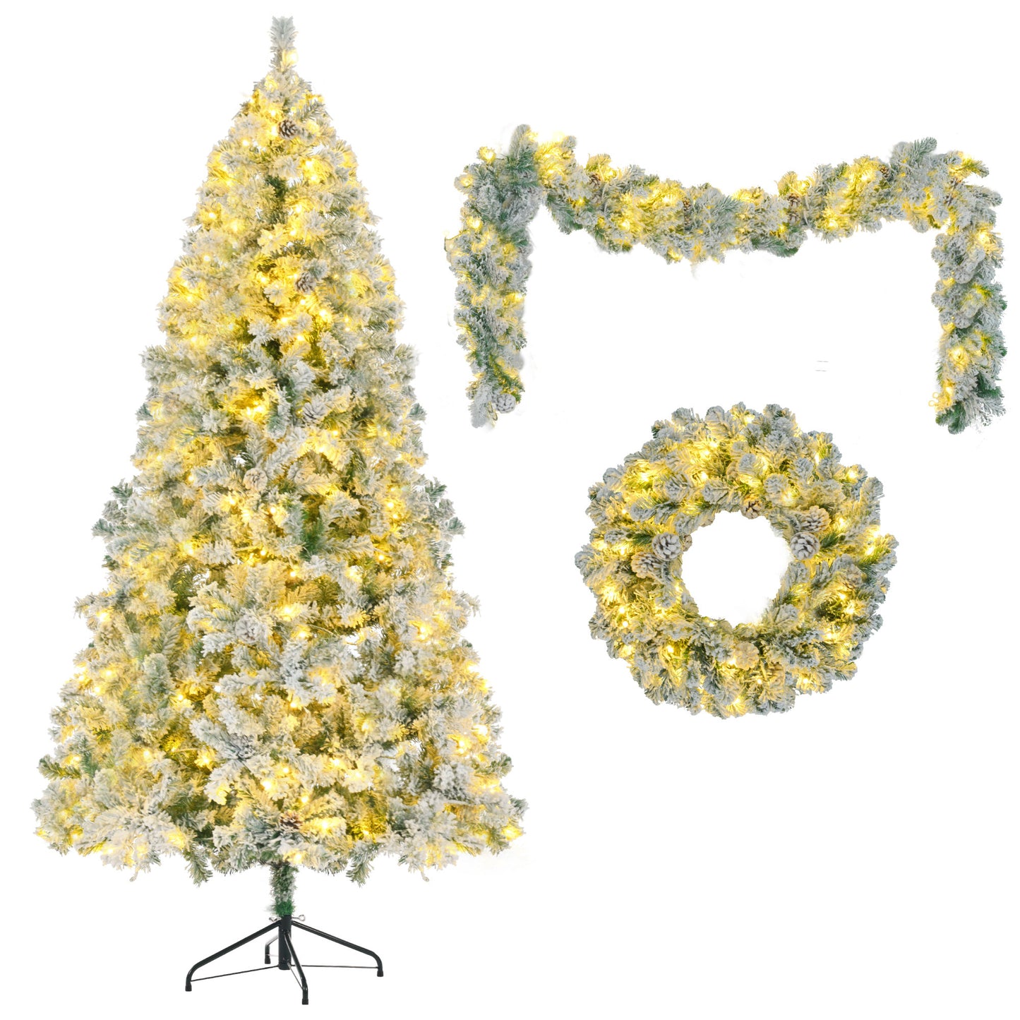 6FT Snow Flocked Christmas Tree, Pre-Lit Set with Tree & Garland & Wreath, Artificial Hinged Xmas Tree with Colorful LED Lights, 8 Lighting Modes, Pine Cones, Holiday Décor for Home