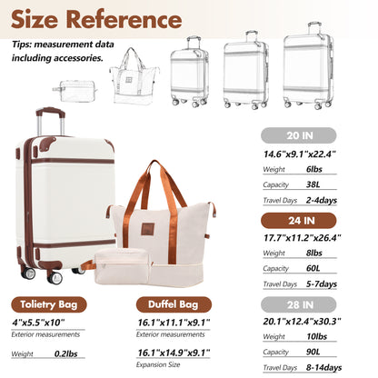 Hardshell Luggage Sets with Bags Lightweight Suitcase Double Spinner Wheels with TSA Lock ,Single Vintage Luggage 24 IN,White