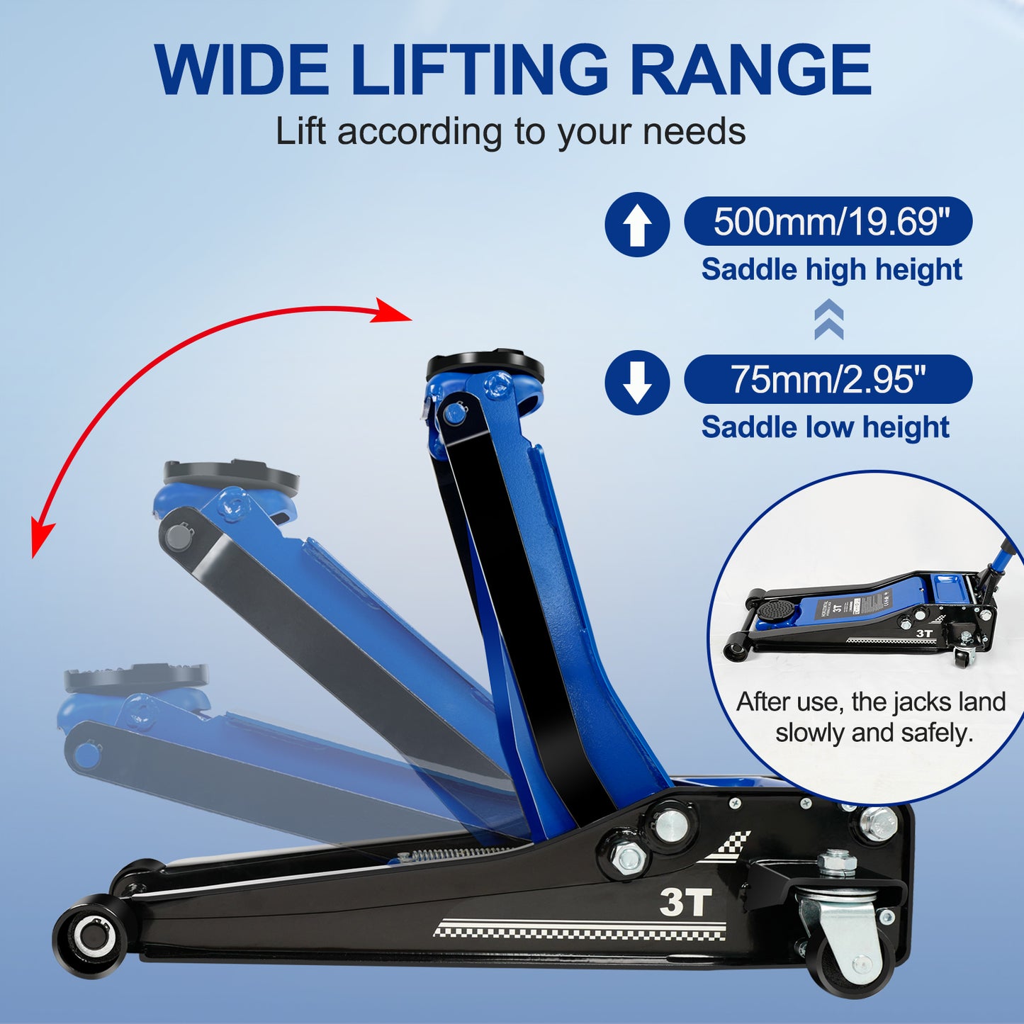 Floor Jack,3Ton/6600lbs Low Profile Floor Jack,dual Piston Quick Lift Pump,Lifting Range 75mm/2.95"-500mm/19.69",Blue