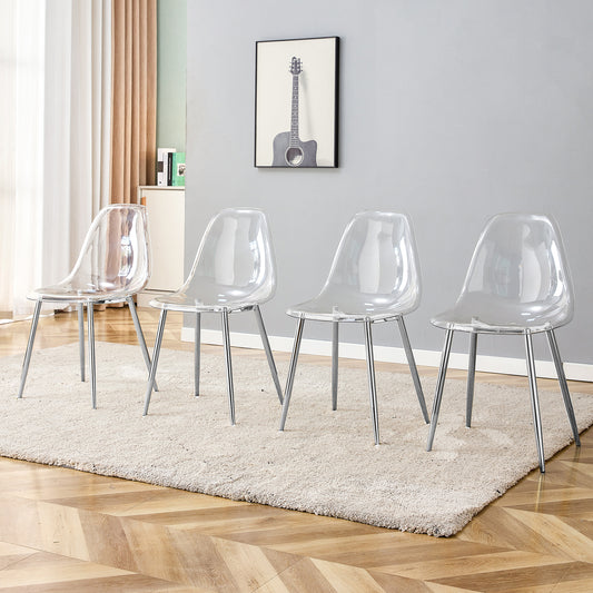 Modern simple transparent dining chair plastic chair armless crystal chair Nordic creative makeup stool negotiation chair Set of 4 and plating metal legW115164140,TW-1200