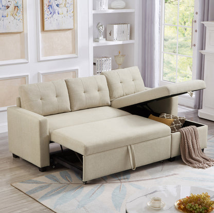 Upholstered Pull Out Sectional Sofa with Storage Chaise, Convertible Corner Couch, Beige