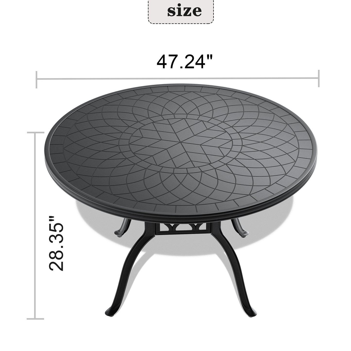 Ø47.24-inch Cast Aluminum Patio Dining Table With Black Frame and Carved Texture on the Tabletop