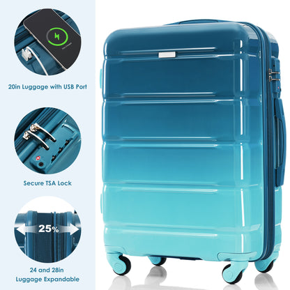 Luggage Set of 3, 20-inch with USB Port, Airline Certified Carry-on Luggage with Cup Holder, ABS+PC Hard Shell Luggage with Spinner Wheels, Blue