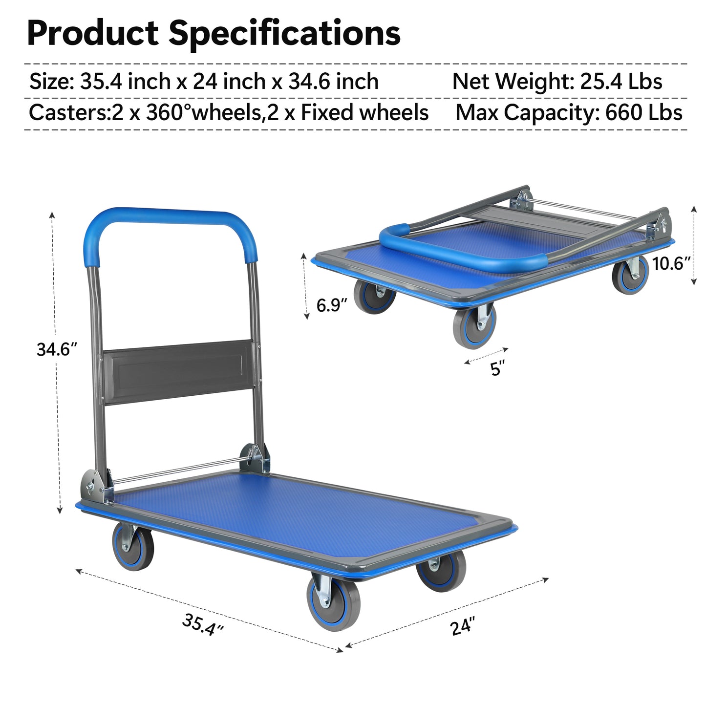 Dolly Cart Platform Truck 660lbs Folding Foldable Push Cart Dolly Flatbed Dolly Metal with Wheels Hand Trucks Platform Truck Luggage Cart Heavy Duty Rolling Tool Cart