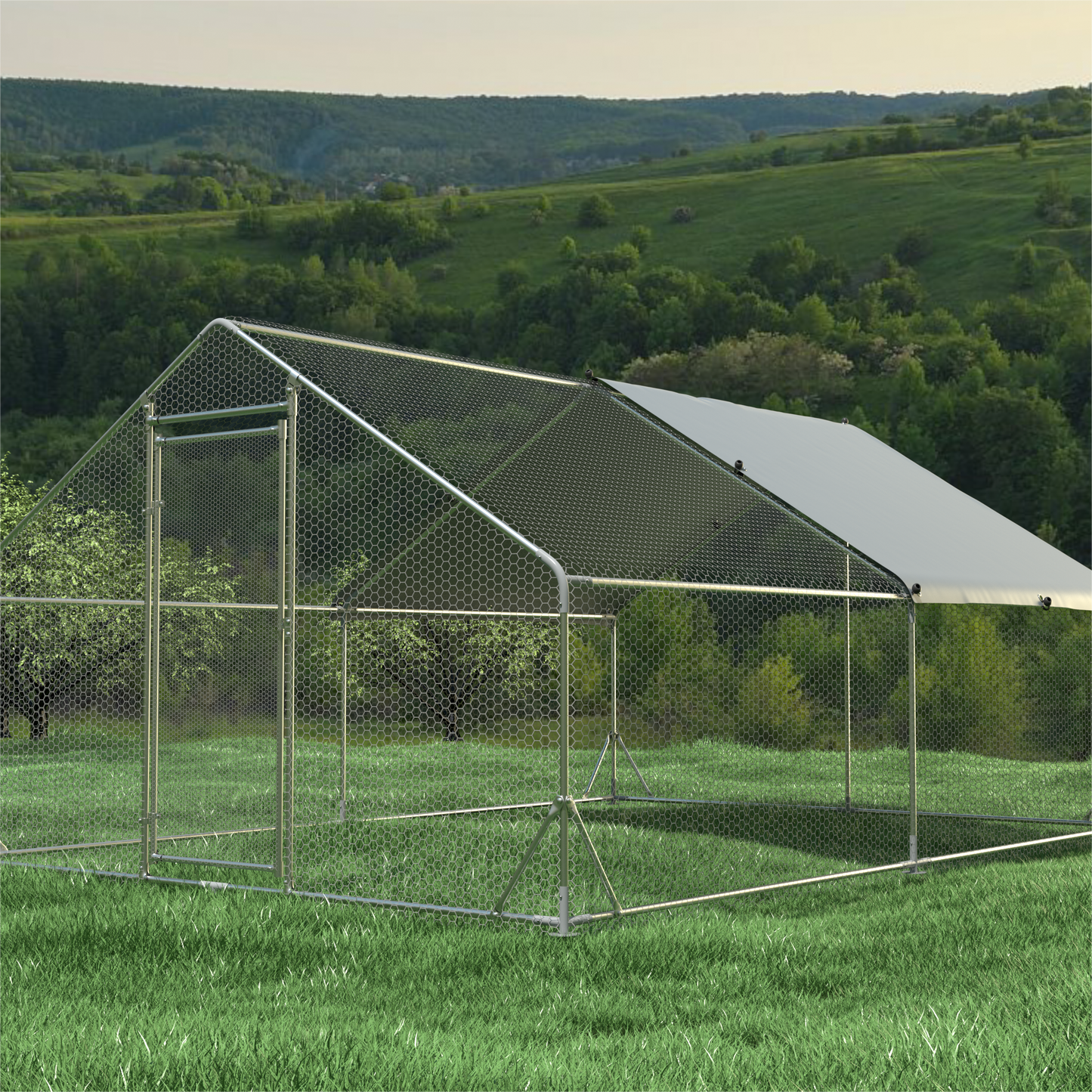 Large Metal Chicken Coop Walk-in Poultry Cage Hen Run House Rabbits Habitat Cage Spire Shaped Coop with Waterproof and Anti-Ultraviolet Cover (13.1' L x 9.8' W x 6.4' H)