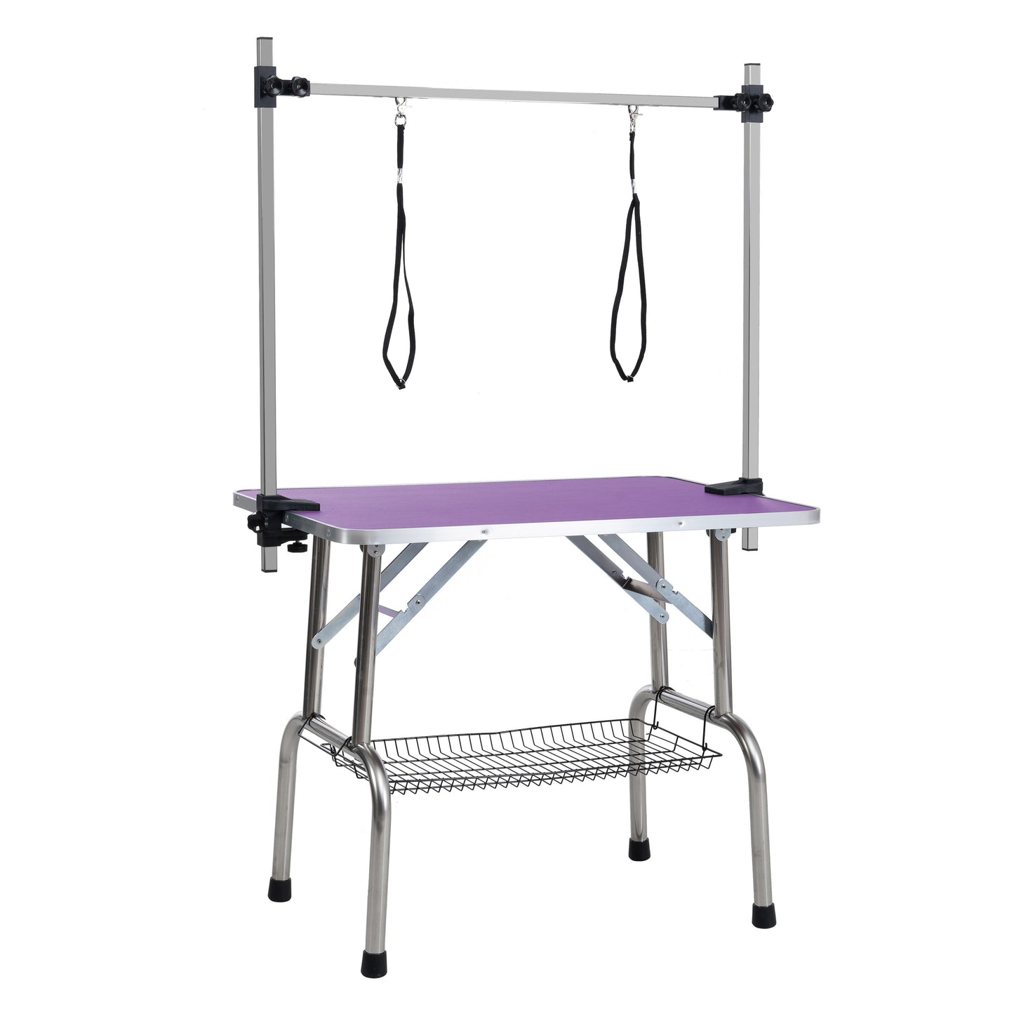 36" Folding Dog Pet Grooming Table Stainless Steel Frame Rubber Mat on Board with Adjustable Arm and Clamps pet dog Cat Grooming Table (PURPLE COLOR)