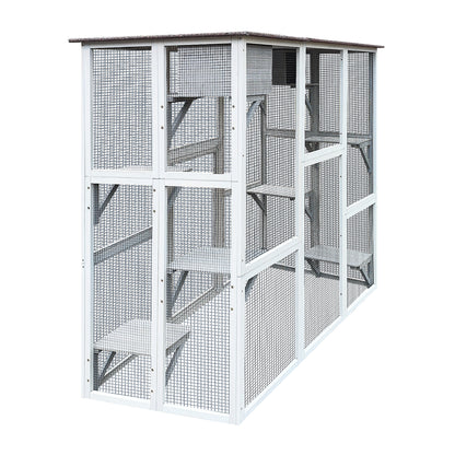 Wooden Catio Outdoor Cat Enclosure, 71" Outdoor Cat House Weatherproof Asphalt Roof, Large Solid Wood Cat Cage Playpen with 8 Jumping Platforms & 2 Napping Houses, Walk-in Cat Kennel Condo Shelter