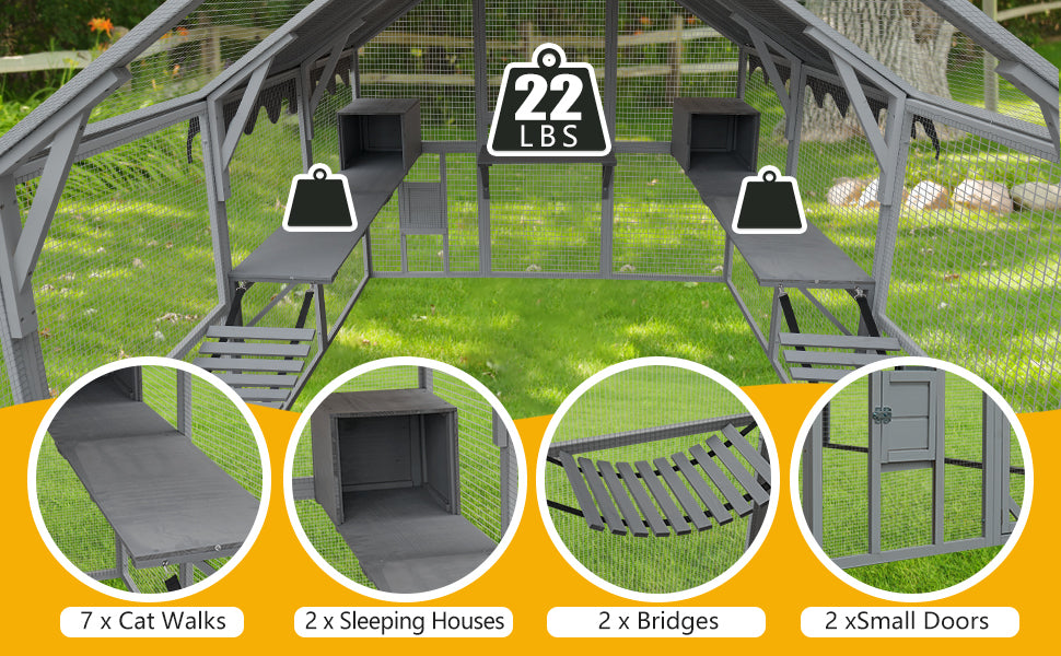 Outdoor Cat House Cat Enclosures 110" Large Kitten Playpen with Platforms,Upgrade Waterproof Cover-grey