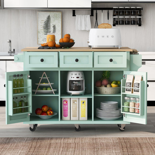 Kitchen Cart with Rubber wood Drop-Leaf Countertop ,Cabinet door internal storage racks,Kitchen Island on 5 Wheels with Storage Cabinet and 3 Drawers for Dinning Room, Mint Green