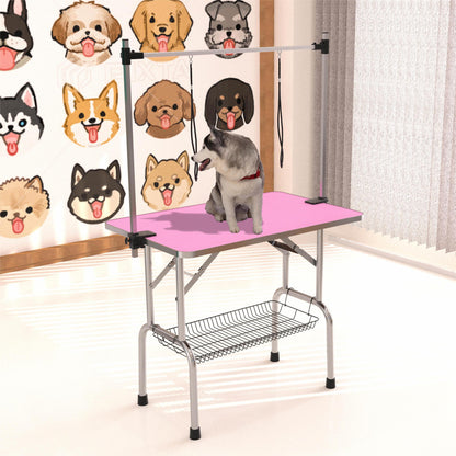 36" Folding Dog Pet Grooming Table Stainless Steel Frame Rubber Mat on Board with Adjustable Arm and Clamps pet dog Cat Grooming Table (PINK COLOR)