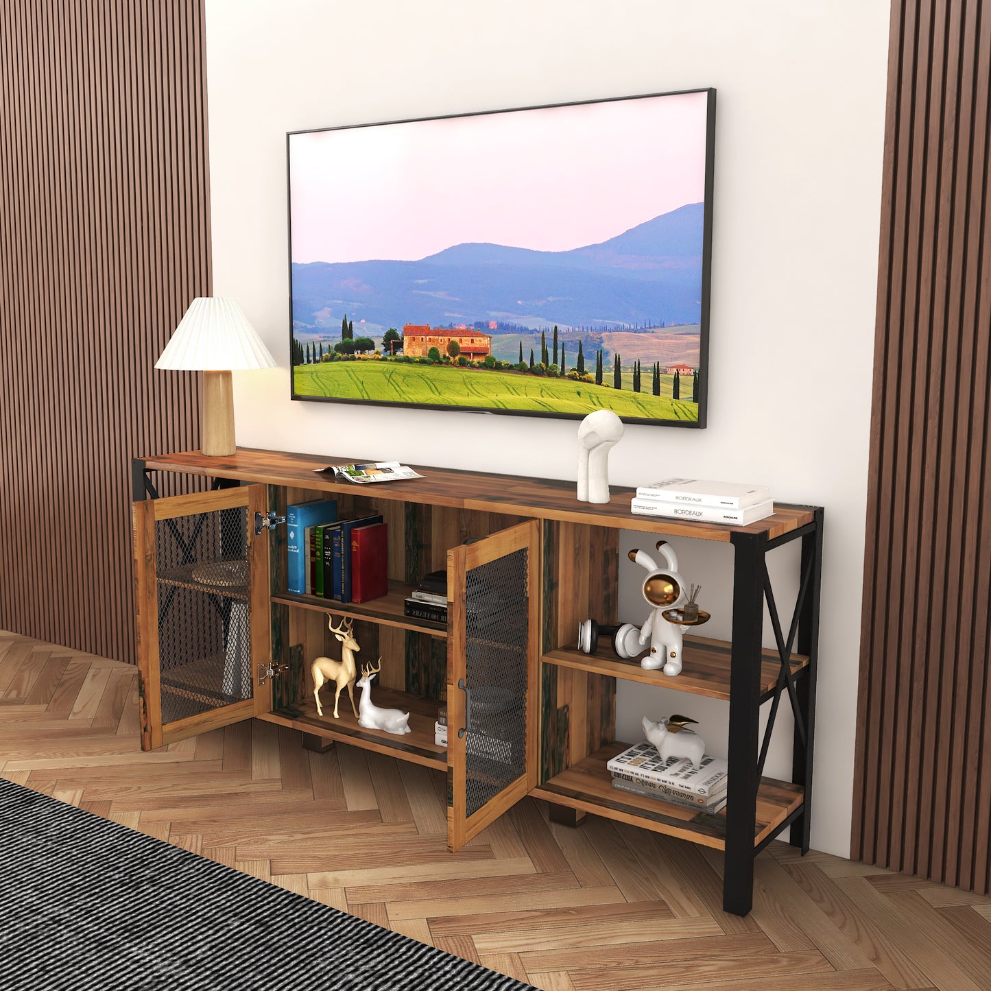 TV Stands for Living Room, Industrial TV Stand for Bedroom Furniture, Farmhouse TV Stand 80 Inch Television Stand , Modern Horizontal Wood and Metal Open Bookshelf