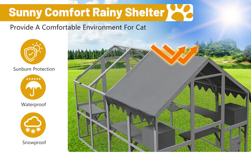 Outdoor Cat House Cat Enclosures 110" Large Kitten Playpen with Platforms,Upgrade Waterproof Cover-grey