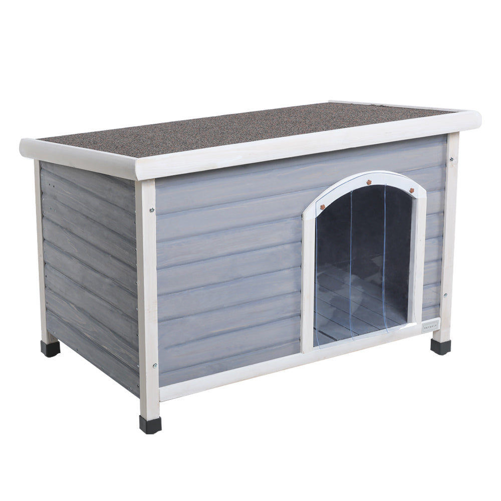 Medium Wooden Outdoor Dog House, Waterproof Roof, Elevated Floor, Adjustable Plastic Feet, Grey