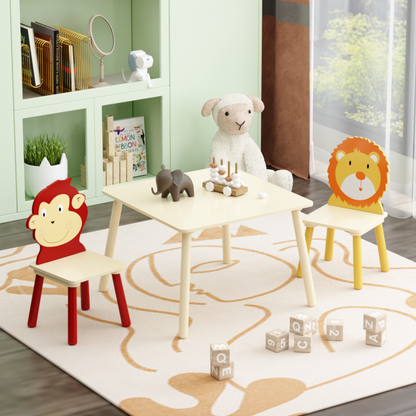 Kids Table and 2 Chairs Set, 3 Pieces Toddler Table and Chair Set, Wooden Activity Play Table Set (Lion&Monkey)