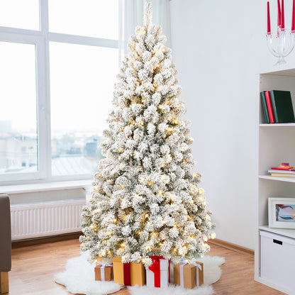 6FT Pre-lit Flocked Christmas Tree with 760 Memory Wire Tips – Effortlessly Fluffed, Perfectly Shaped, and Lit with 300 Warm  Incandescent Lights Bringing Lasting Elegance and Wase to Your Holiday