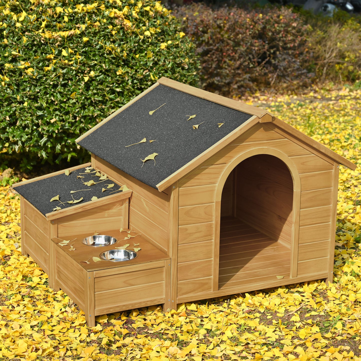 GO 51.18" L x 43.7" W x 37" H Large Size Wooden Dog House, Dog Crate For large dog breeds, Cabin Style Raised Dog Shelter with Asphalt Roof, Solid Wood, Weatherproof, Nature