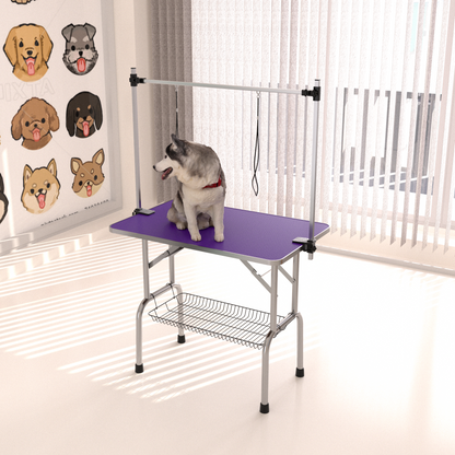 42" Folding Dog Pet Grooming Table Stainless Steel Frame Rubber Mat on Board with Adjustable Arm and Clamps pet dog Cat Grooming Table (PURPLE COLOR)