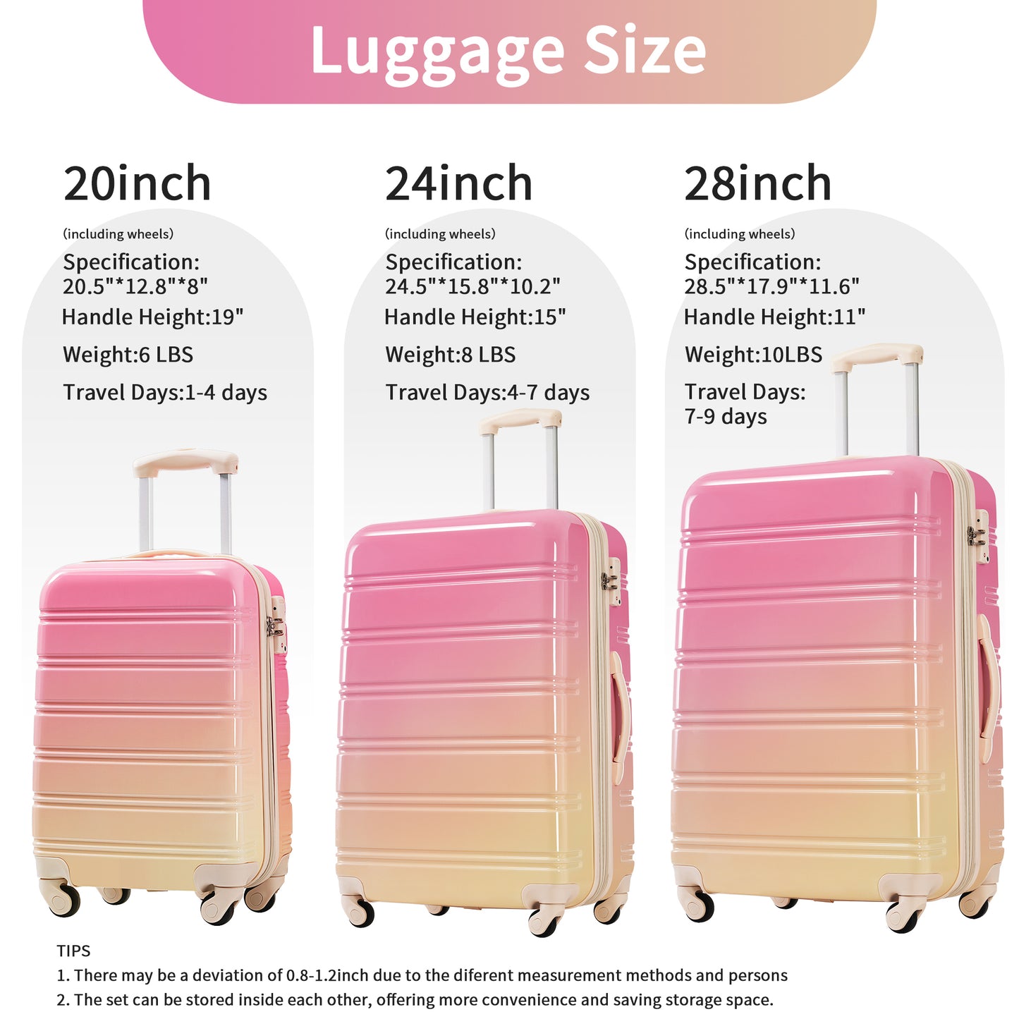 Hardshell Luggage Sets 3 Piece Gradient Color Expandable Suitcase with Spinner Wheels and TSA Lock Lightweight 20" 24" 28" Available,Pink and Yellow