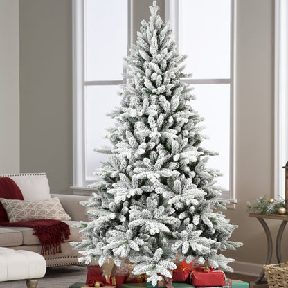 6FT PE&PVC Flocked Artificial Christmas Tree ,With 1100 branch tips and metal stand,Foldable Fake Tree with Realistic Snowy Foliage for Home Decoration