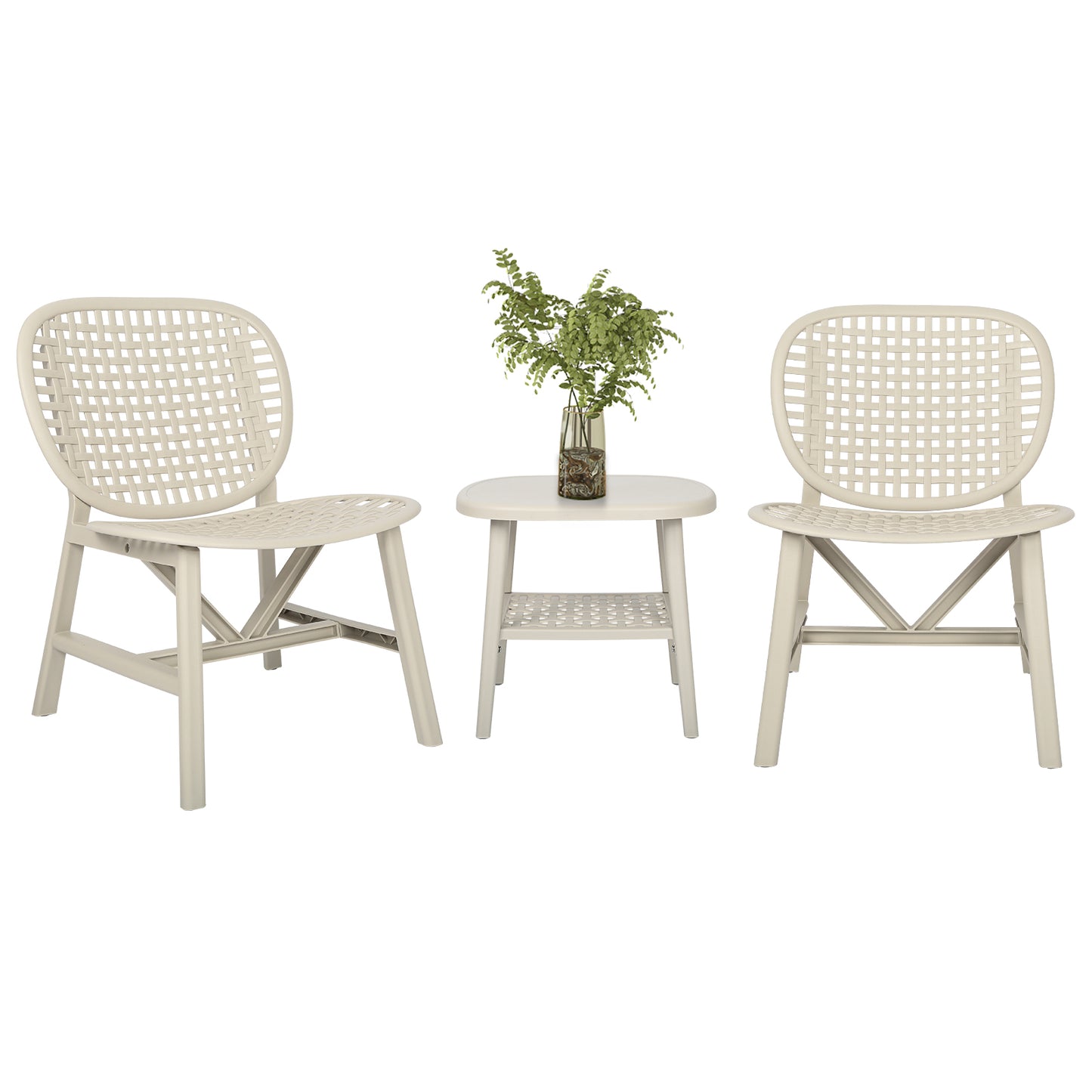 3 Pieces Hollow Design Retro Patio Table Chair Set All Weather Conversation Bistro Set Outdoor Table with Open Shelf and Lounge Chairs with Widened Seat for Balcony Garden Yard White