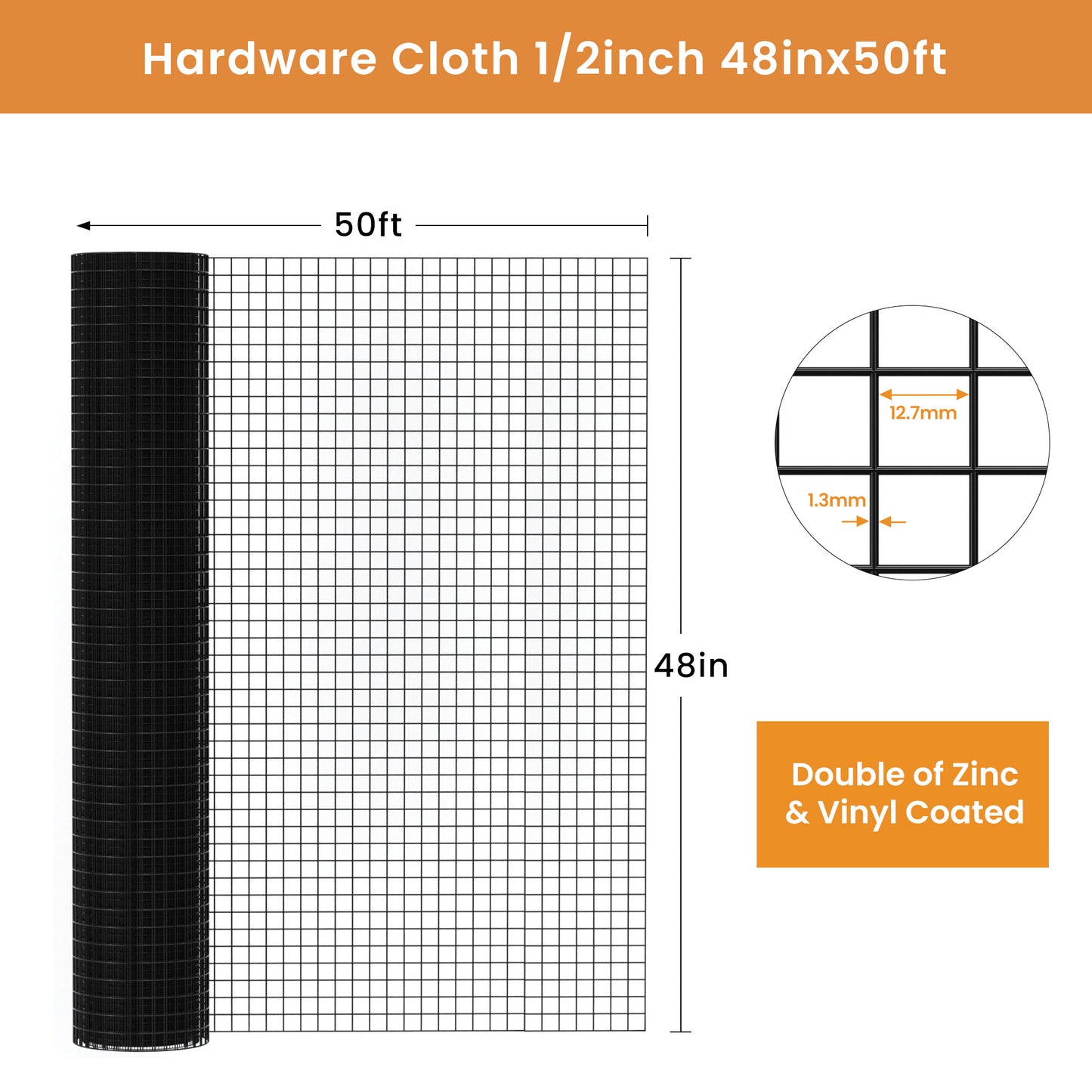 Black Hardware Cloth 1/2 inch 48" x 50' 19 Gauge vinyl coated welded wire mesh roll- PVC Hardware Cloth- , Chicken Coop Wire Mesh, Gopher Barrier Welded Wire Mesh Fence, Rat Fence