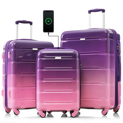 Luggage Set of 3, 20-inch with USB Port, Airline Certified Carry-on Luggage with Cup Holder, ABS+PC Hard Shell Luggage with Spinner Wheels, purple and pink