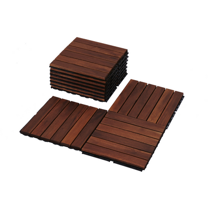 10 PCS Interlocking Deck Tiles Striped Pattern, 12" x 12" Square Acacia Hardwood Outdoor Flooring for Patio, Bancony, Pool Side,...