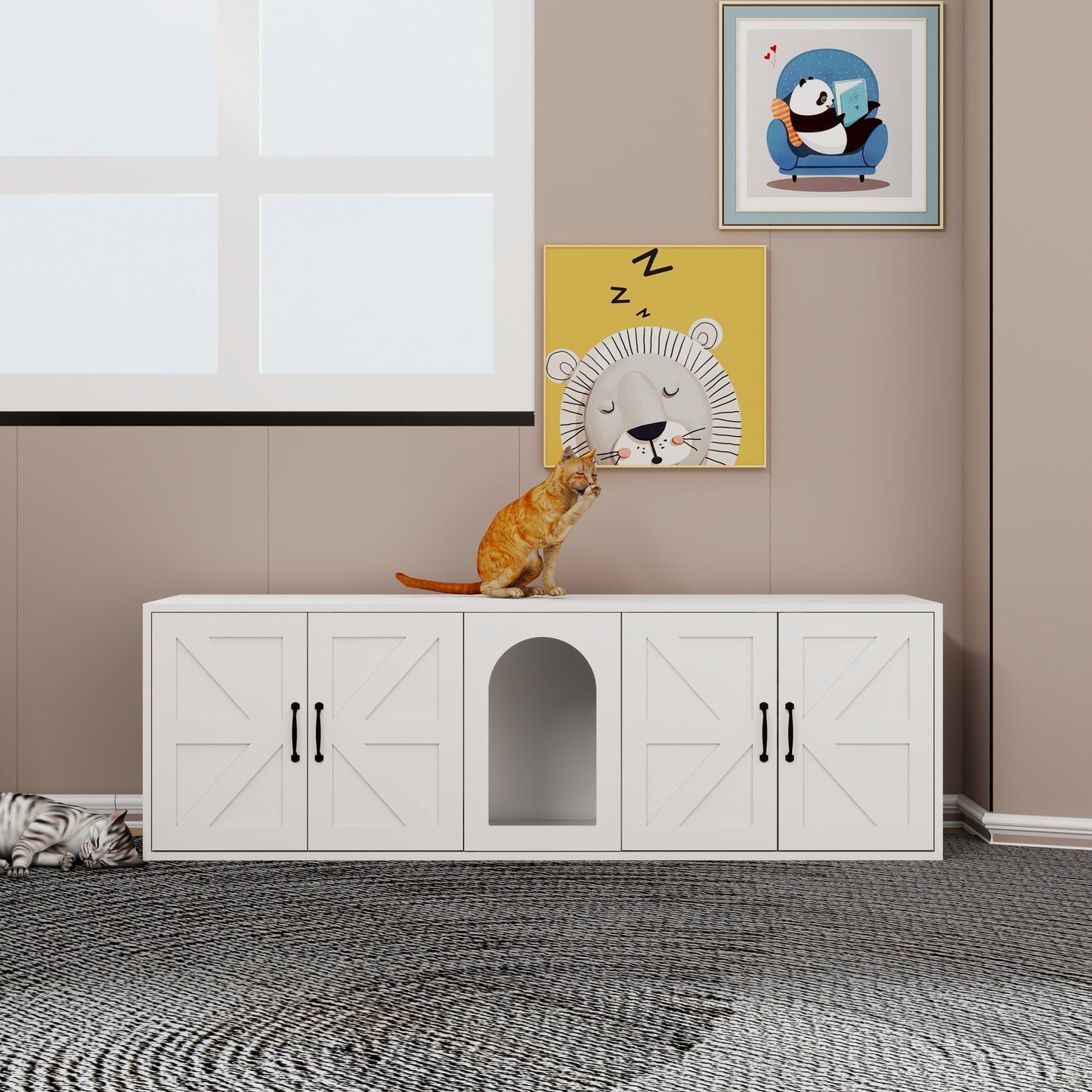 Litter Box Enclosure for 2 Cats, Modern Cat Litter Box Furniture with Double Room, Wooden Litter Box Furniture with Cat Door, 59.05"L x 17.71"W x 18.89"H-White