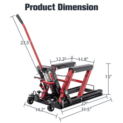 Hydraulic Motorcycle Lift Jack, 1500 LBS Capacity Foot-Operated Motorcycle Lift Table, ATV Scissor Lift Jack with 4.5" - 15" Lifting Range, Portable Motorcycle Lift Table with Wheels