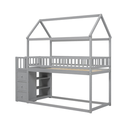 TWIN/TWIN HOUSE BUNK BED WITH SHELVES AND DRAWERS FOR GREY COLOR