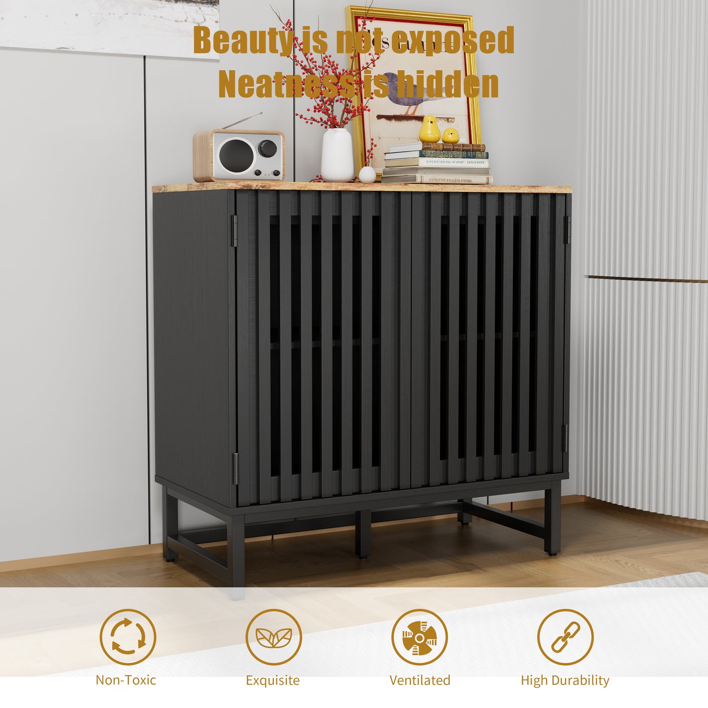 Cabinet with Slatted Grille Striped Door, Modern Style Cabinet, High-Quality MDF and Metal Leg