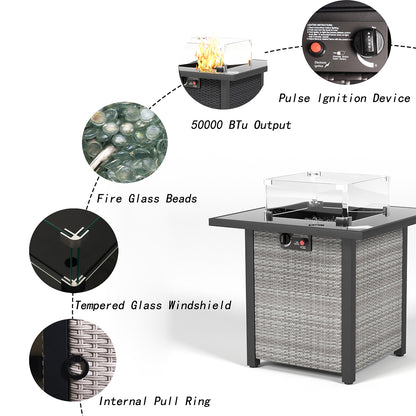 28 Inch Propane Fire Pit Table, Rattan & Wicker-Look, 50000 BTU Gas Firepits Tempered Glass Tabletop with Glass Windscreen Protector for Outside Patio and Garden(Grey+White)