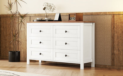 Retro Farmhouse Style Wooden Dresser with 6 Drawer, Storage Cabinet for Bedroom, White+Brown