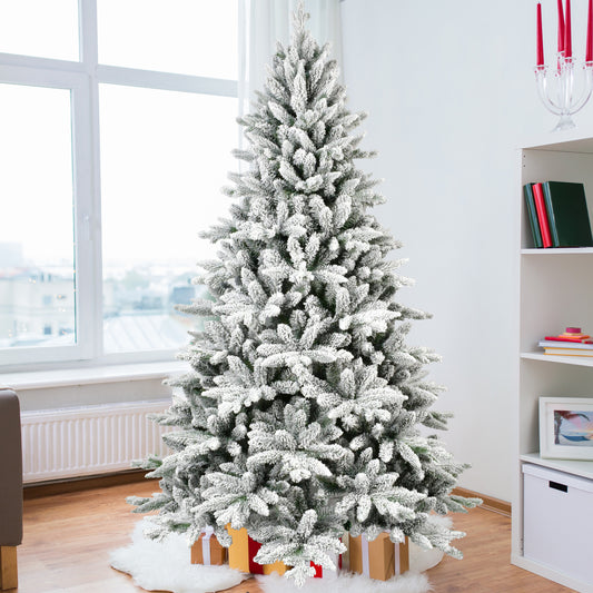 7FT PE & PVC Flocked Artificial Christmas Tree ,With 1514 branch tips and metal stand,Foldable Fake Tree with Realistic Snowy Foliage for Home Decoration