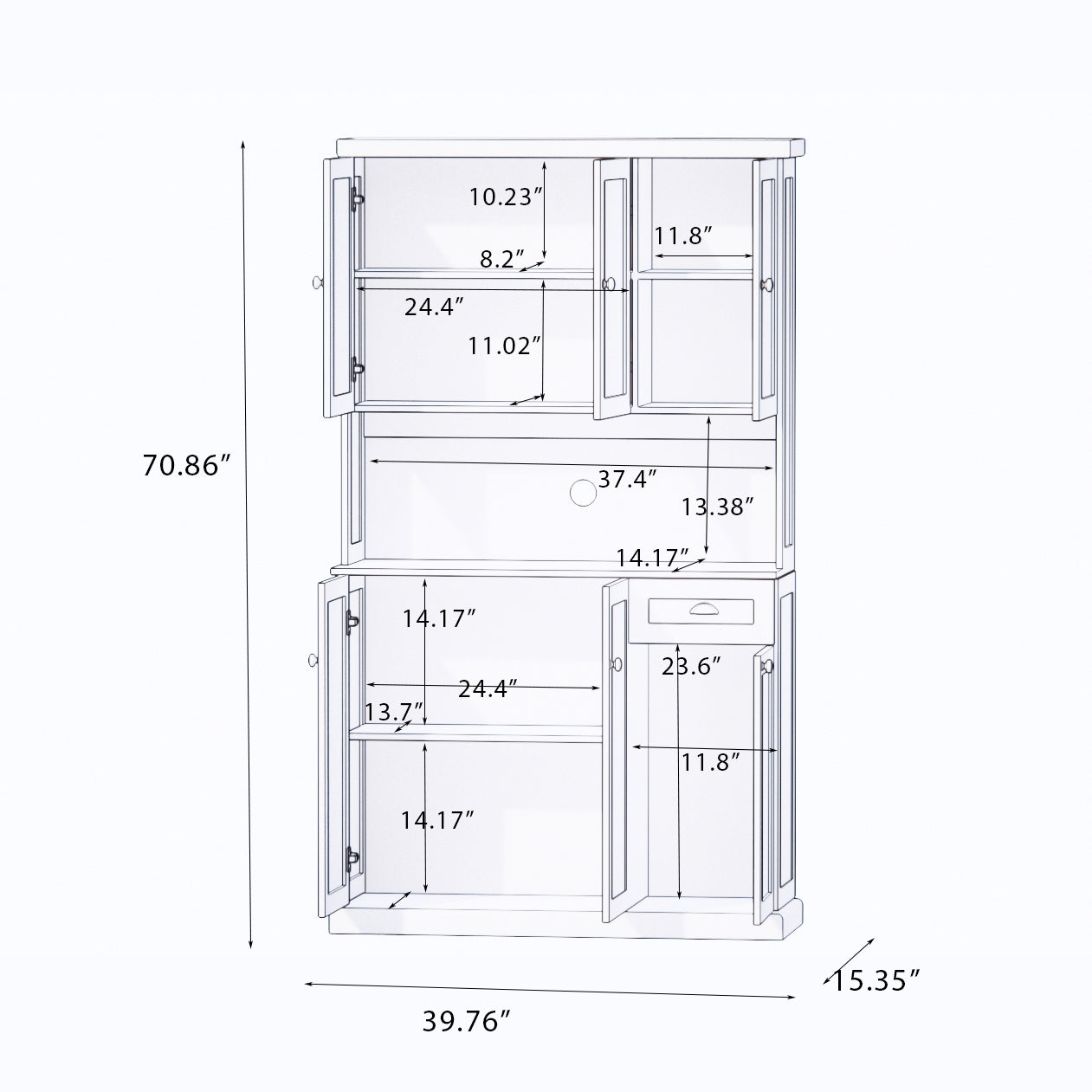 71" Kitchen Pantry Storage Cabinet with Microwave Oven Countertop, Freestanding Hutch Cabinet with Adjustable Shelves, 6 Doors and 1 Drawer-White