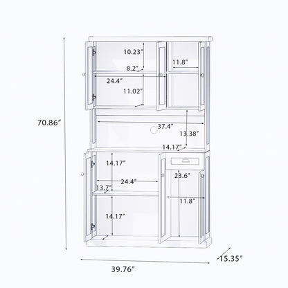 71" Kitchen Pantry Storage Cabinet with Microwave Oven Countertop, Freestanding Hutch Cabinet with Adjustable Shelves, 6 Doors and 1 Drawer-White