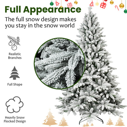 7FT PE & PVC Flocked Artificial Christmas Tree ,With 1514 branch tips and metal stand,Foldable Fake Tree with Realistic Snowy Foliage for Home Decoration