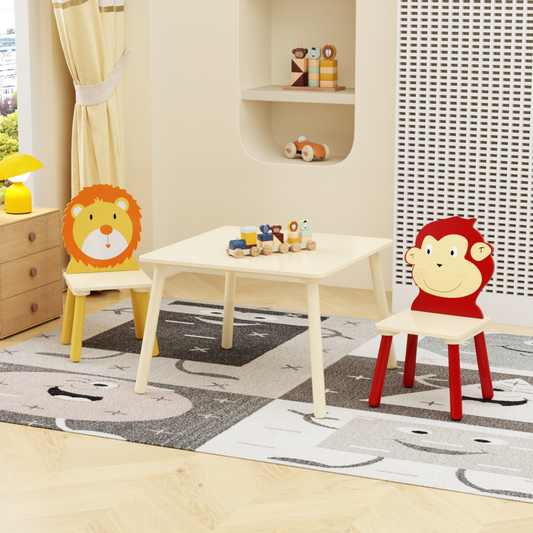 Kids Table and 2 Chairs Set, 3 Pieces Toddler Table and Chair Set, Wooden Activity Play Table Set (Lion&Monkey)