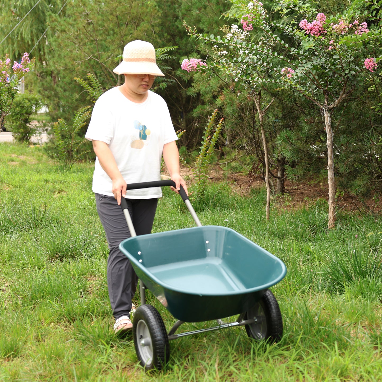 wheel barrow Two wheeled trolley for green garden 15 inch pneumatic wheel WB1001GN