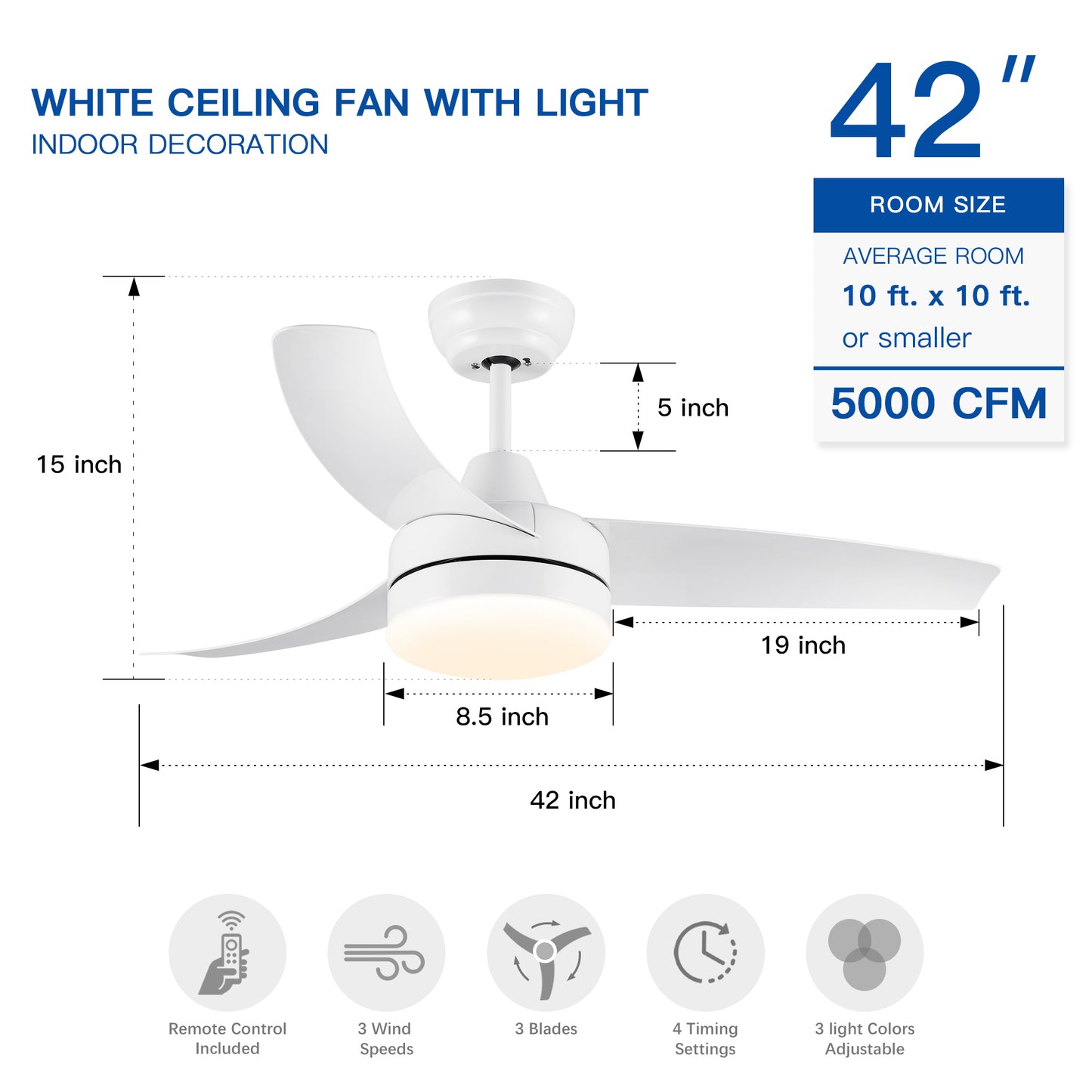 42 inch indoor white ceiling fan with LED light