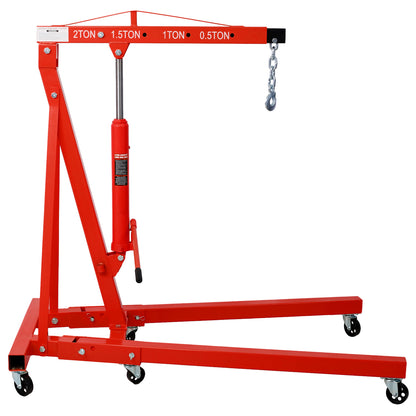 2 Ton Folding Engine Hoist Cherry Picker Shop Crane Hoist Lift, Heavy Duty Steel with 6 Iron Caster Wheels (red)