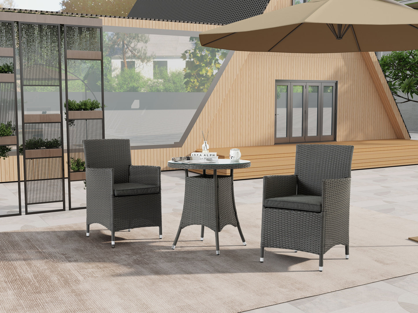 3 Piece Outdoor Dining Set All-Weather Wicker Patio Dining Table and Chairs with Cushions, Round Tempered Glass Tabletop for Patio Backyard Porch Garden Poolside