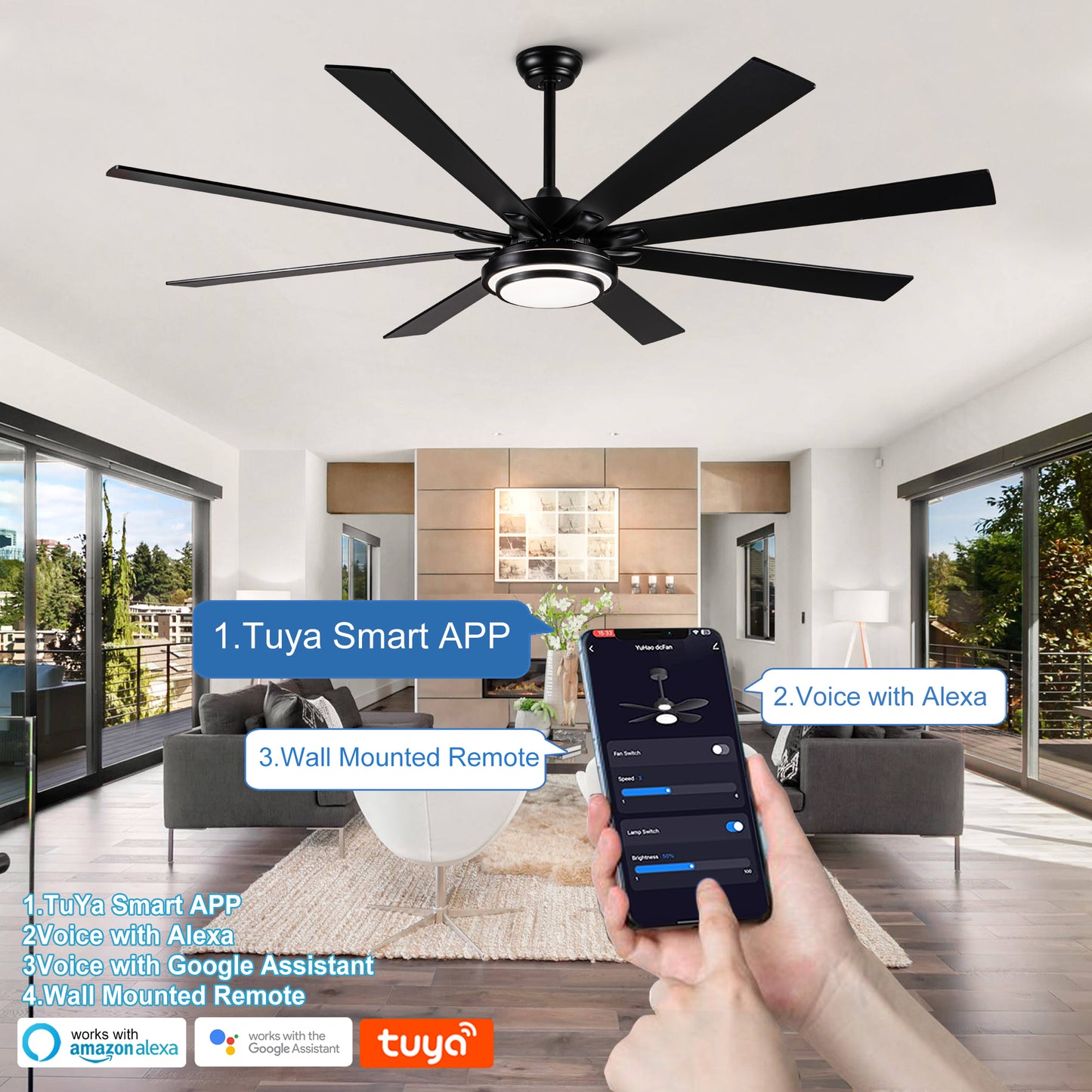 72" Integrated LED Matte Black Large Smart Ceiling Fan with Remote Control