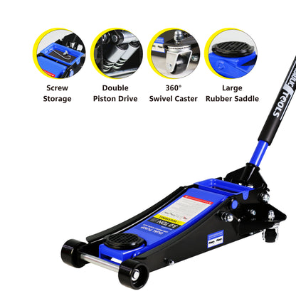 3t Low Profile Jack, Blue and Black, Ultra Low Floor Jack  with Dual Pistons Quick Lift Pump, Car Jack Hydraulic AutoLifts for Home Garage, Truck Jack Hydraulic Lifting range 3.3"-19.7"