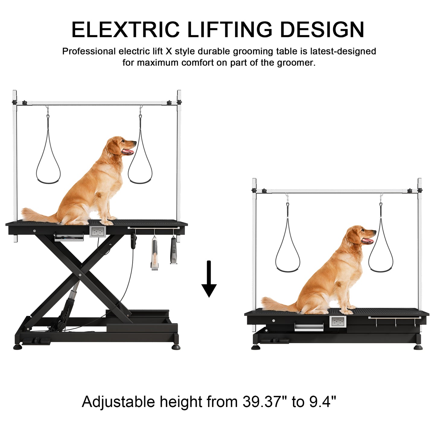 electric pet grooming table, 110V/220V professional groomer recommend super Deluxe electric pet grooming table, 110V/220V professional groomer recommend height adjust from 8 up to 36inch BLACK COLOR