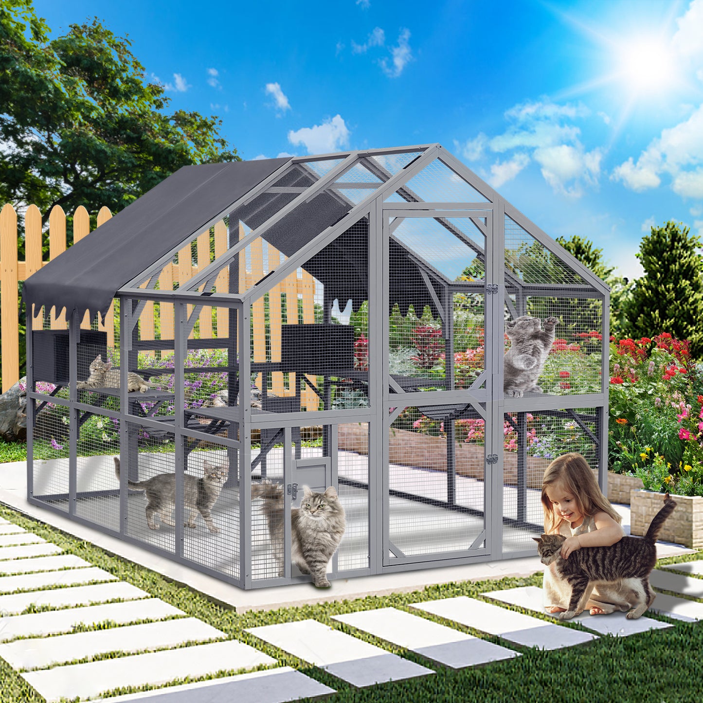 Outdoor Cat House Cat Enclosures 110" Large Kitten Playpen with Platforms,Upgrade Waterproof Cover-grey